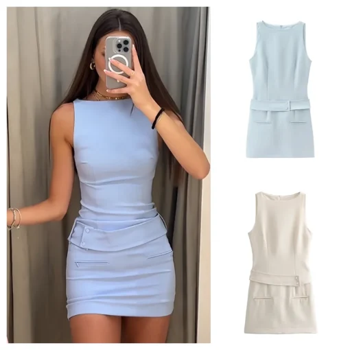 PB&ZA 2024 Spring New Women's Fashion and Elegance Slim Fit Versatile Belt Decoration Round Neck Sleeveless Short Dress