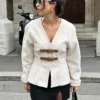 TRAFZA Retro Leather Buckle Woolen Coat Women Fashion Solid V Neck Long Sleeve Beige Jacket Autumn Spring Chic Female Streetwear
