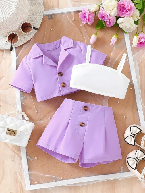 Children’s New Summer Pure Color T - shirt, Shorts and Pants Three - piece Set for Baby Girls