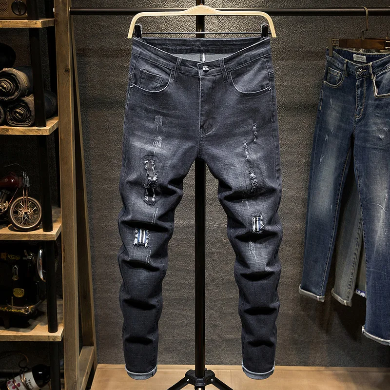 New Men's Jeans Ripped Fashionable European and American Style Jeans Black Men's Elastic Comfortable Light Luxury