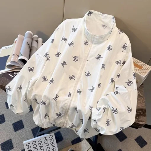 Bow Print Zippered Sun Shirts Women Summer Loose Casual Stand Collar Jacket Stylish Beach Vacation Quick Drying Thin Coat
